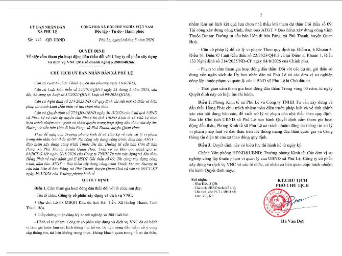 Thanh Hóa: Công ty cổ phần xây dựng và dịch vụ VNC bị cấm 3 năm tham gia đấu thầu