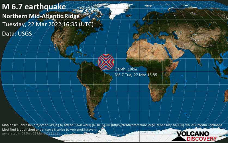 Động đất có độ lớn 6,7 ở khu vực Sống núi giữa Đại Tây Dương