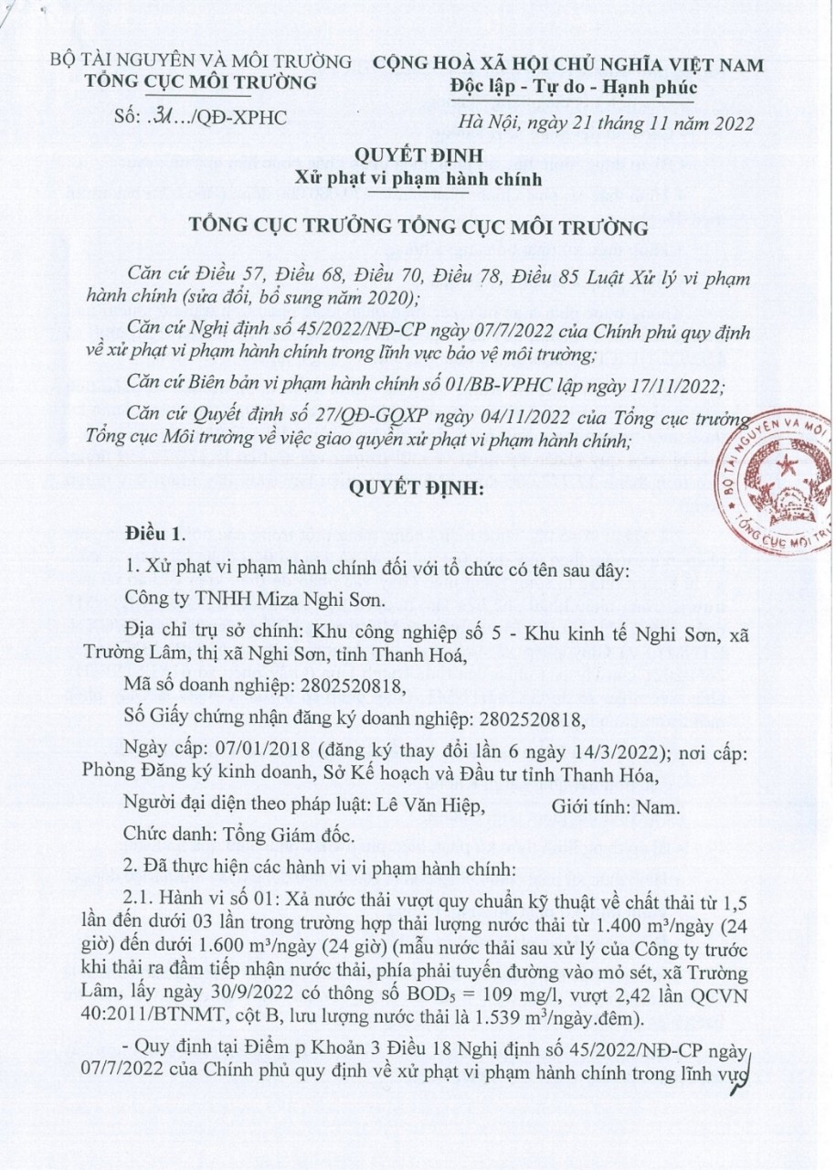 Công ty TNHH Miza Nghi Sơn bị xử phạt gần 600 triệu đồng vì xả thải gây ô nhiễm môi trường